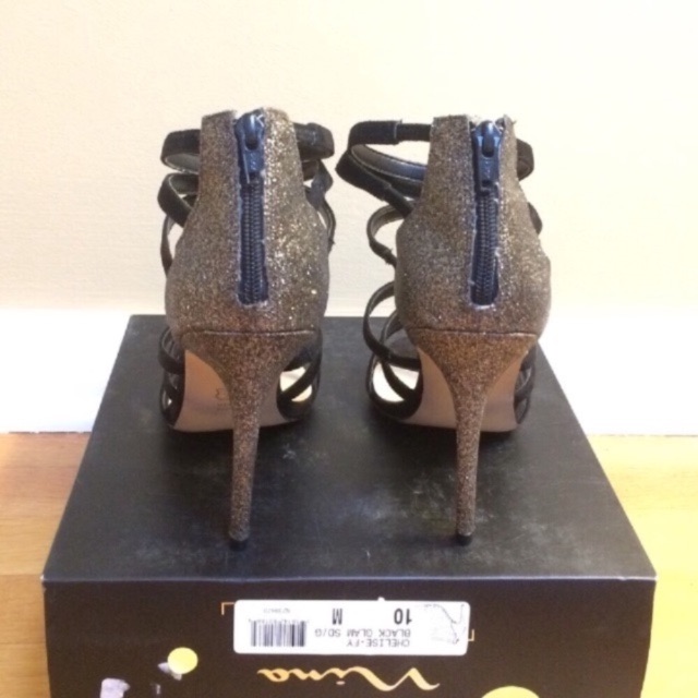 Nina Chelise Glam Black & Gold Caged Strappy Sparkly Glittering Stiletto Sandals — image 7 of 8